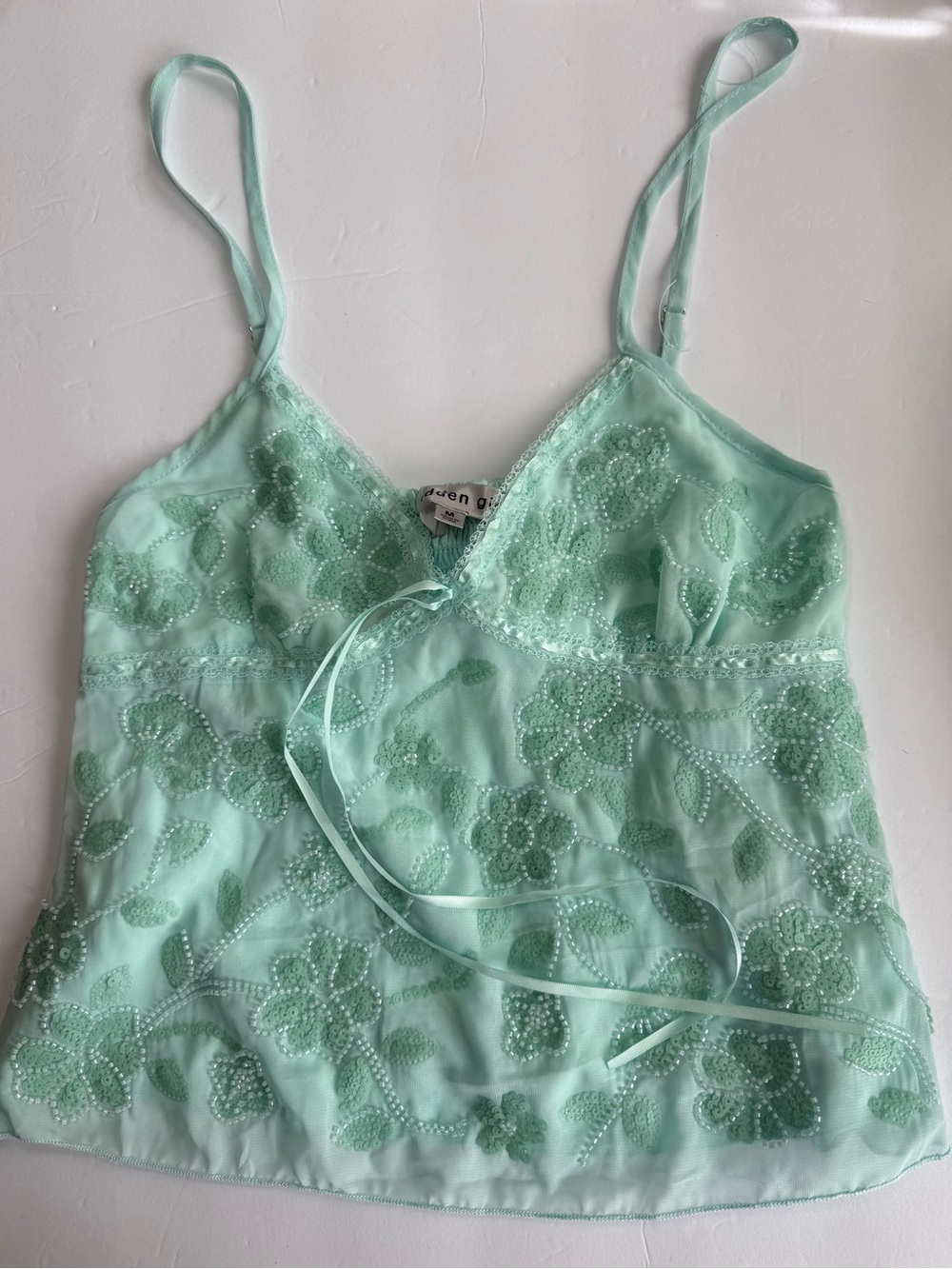 Madden Girl Beaded Sequin Floral Cami Mint Green - Size M - Y2K Fairy - New